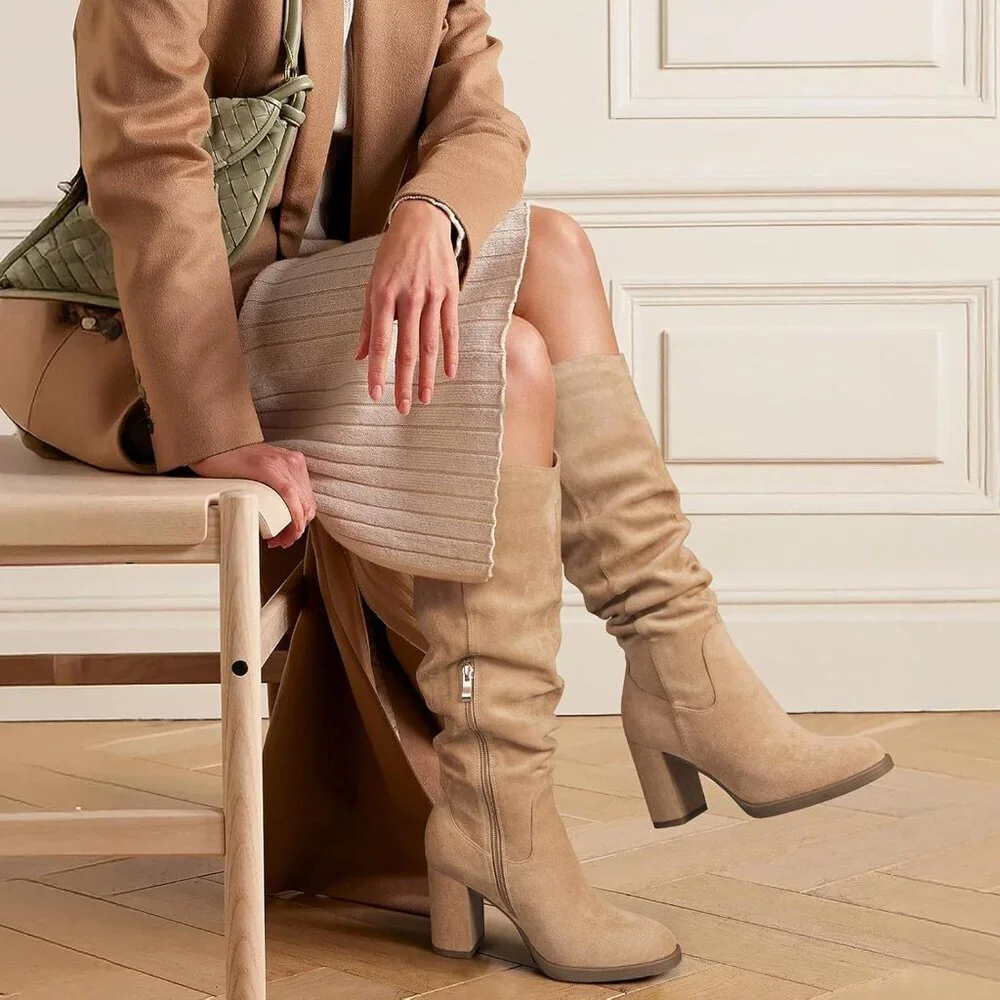 Women's Tan Tall Chunky High Heel Side Zipper Knee High Boots With Party